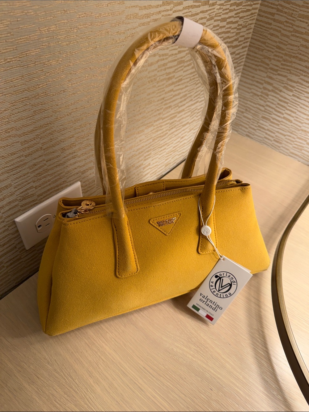 Valentino Mustard Yellow Suede Top-Handle Shoulder Bag